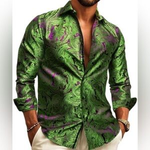 Mens Silk Green Paisley Long-Sleeve Button-Up Shirt